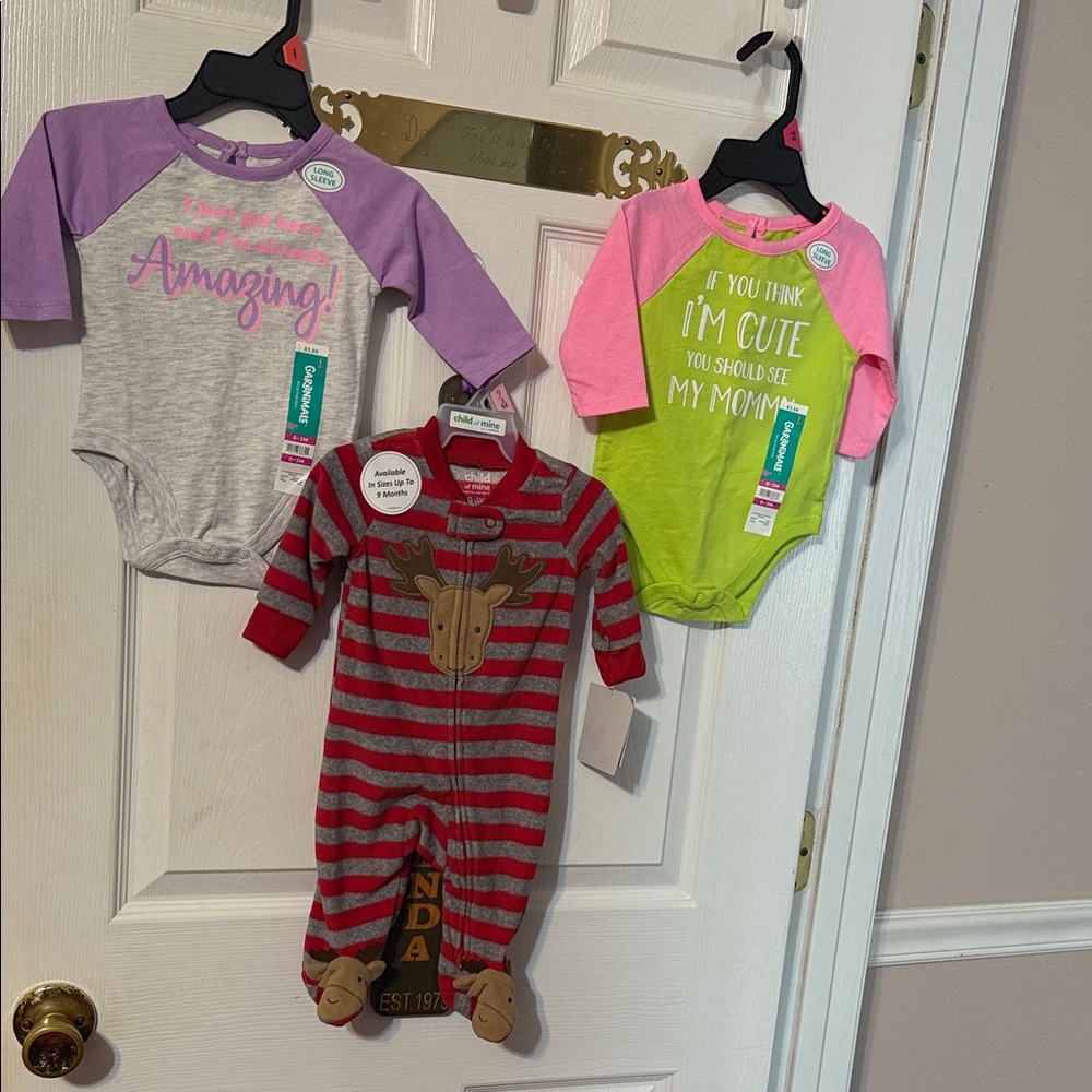Garanimals graphic bodysuits and Child of Mine footed onesie; size: 0-3 months